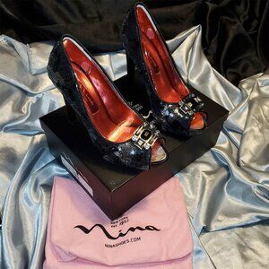 NINA NEW YORK sequin open toe jeweled heels EVAN